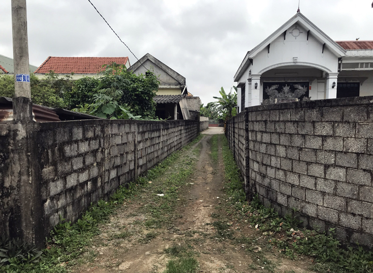 Hiện trường cho thấy hàng rào của hai hộ dân Hà Văn Thái, Trần Văn Thọ xây dọc lối vào nhà ông Vũ không lấn chiếm đường giao thông.