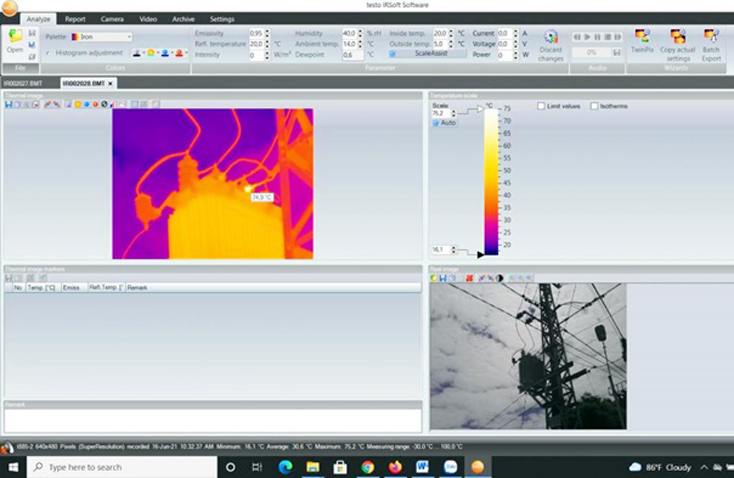 Ứng dụng phần mềm phân tích ảnh nhiệt testo phát hiện tại cọc hạ thế Trạm biến áp Châu Hóa 2  (huyện Tuyên Hóa) phát nhiệt.