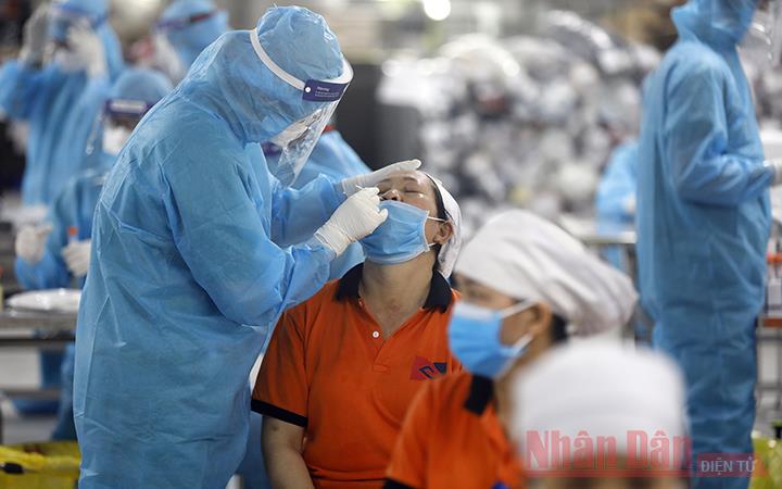 Xét nghiệm Covid-19 cho công nhân tại khu công nghiệp Quang Châu, Bắc Giang (Ảnh: Duy Linh).