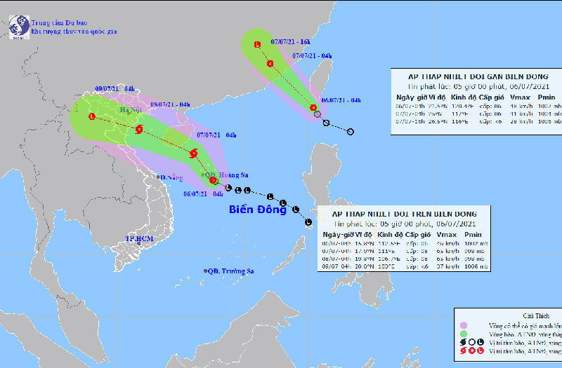 Vị trí và hướng di chuyển của hai áp thấp nhiệt đới. (Nguồn: nchmf.gov.vn)