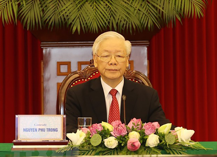 Tổng Bí thư Nguyễn Phú Trọng phát biểu tại hội nghị thượng đỉnh giữa Đảng Cộng sản Trung Quốc với các chính đảng trên thế giới. Ảnh: Trí Dũng/TTXVN