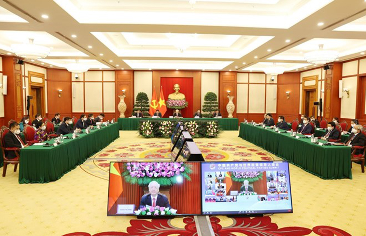 Đoàn đại biểu cấp cao Đảng ta tham dự hội nghị thượng đỉnh trực tuyến giữa Đảng Cộng sản Trung Quốc với các chính đảng trên thế giới. Ảnh: Trí Dũng/TTXVN