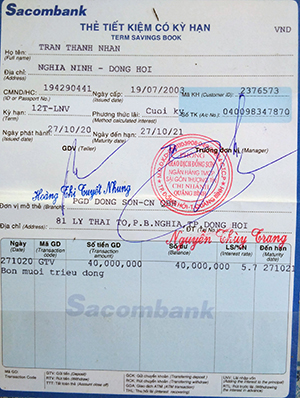 Thẻ tiết kiệm có kỳ hạn của ông Trần Thanh Nhàn gửi tại PGD Đồng Sơn, Ngân hàng SacomBank-Chi nhánh Quảng Bình.