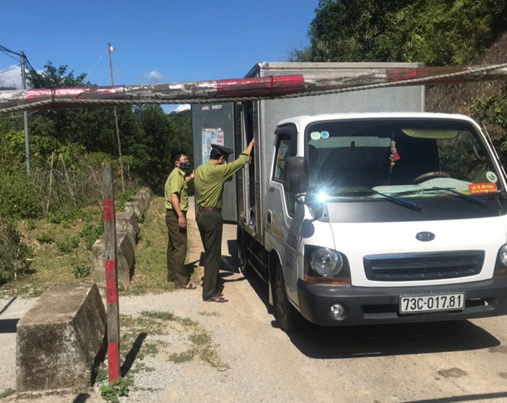 Lực lượng liên ngành tại chốt kiểm tra, kiểm soát lâm sản tại bản Hóa Lương, xã Hóa Sơn đang kiểm tra phương tiện ra vào xã.