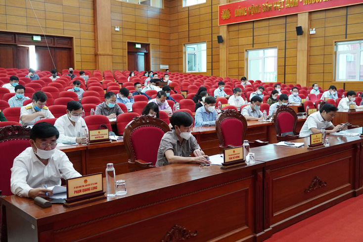 Các đại biểu tham dự phiên họp tại điểm cầu trực tuyến của tỉnh.