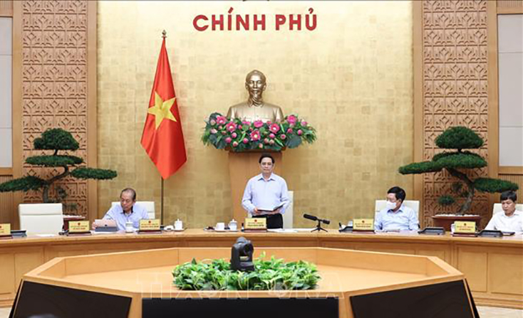 Thủ tướng Phạm Minh Chính phát biểu tại cuộc họp của Chính phủ với Ban Chỉ đạo Quốc gia phòng, chống COVID-19. Ảnh: Dương Giang/TTXVN