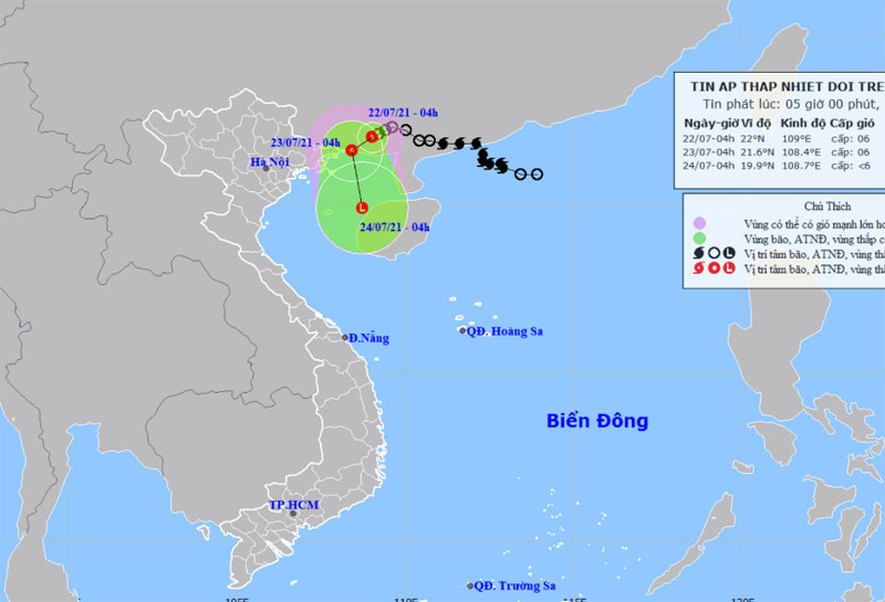 Vị trí và hướng di chuyển của áp thấp nhiệt đới suy yếu từ bão số 3. (Nguồn: nchmf.gov.vn)
