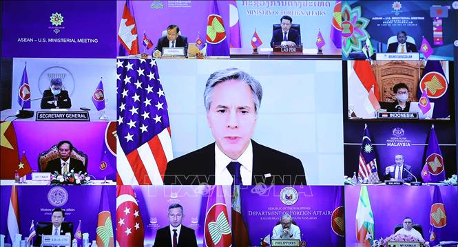   Hội nghị Bộ trưởng Ngoại giao ASEAN - Hoa Kỳ theo hình thức trực tuyến. Ảnh: Phạm Kiên/TTXVN
