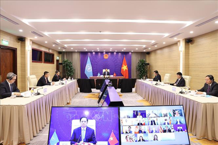 Phiên thảo luận mở Cấp cao của Hội đồng Bảo an Liên hợp quốc trực tuyến tại Hà Nội. Ảnh: Dương Giang/TTXVN