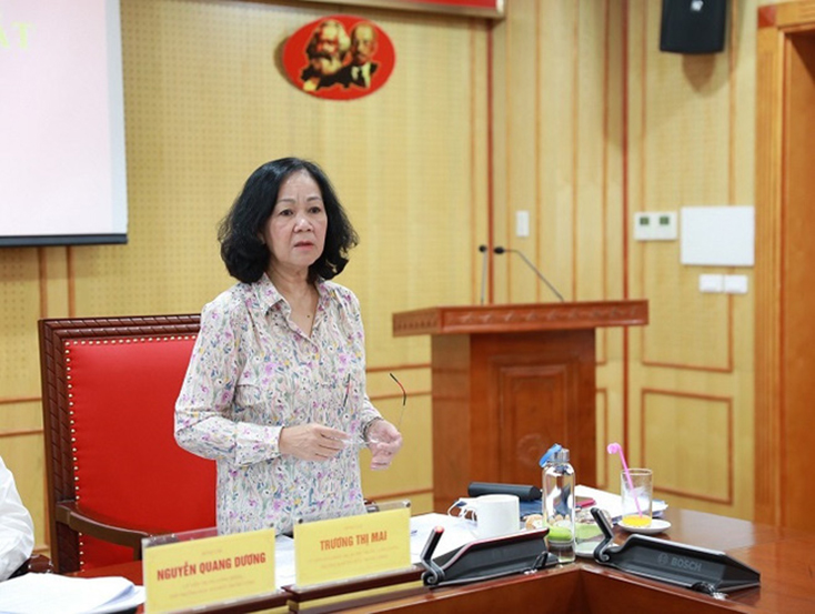 Đồng chí Trương Thị Mai phát biểu kết luận tại phiên họp. (Ảnh: QĐND)