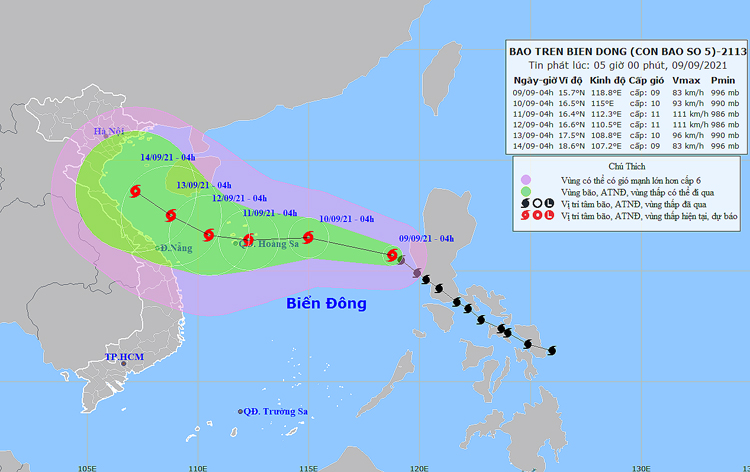  Vị trí và đường đi của bão số 5. Nguồn: NCHMF