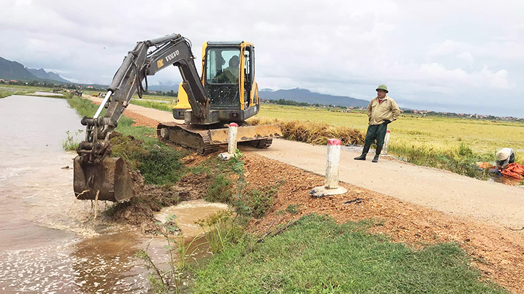 HTX Thống Nhất huy động máy xúc nạo vét cống rảnh tiêu nước, cứu lúa.