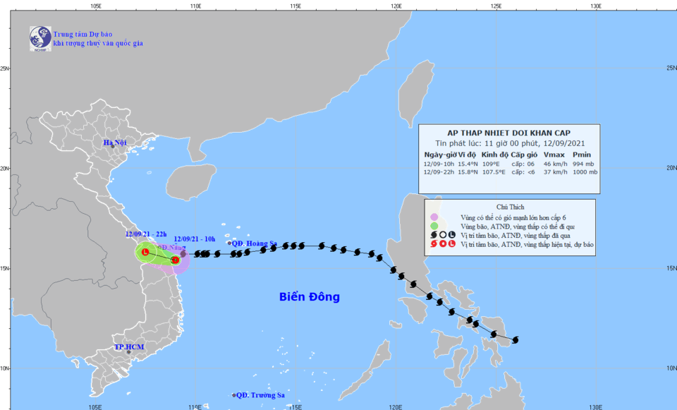  Vị trí và đường đi của áp thấp nhiệt đới suy yếu từ bão số 5. Ảnh: KTTV.