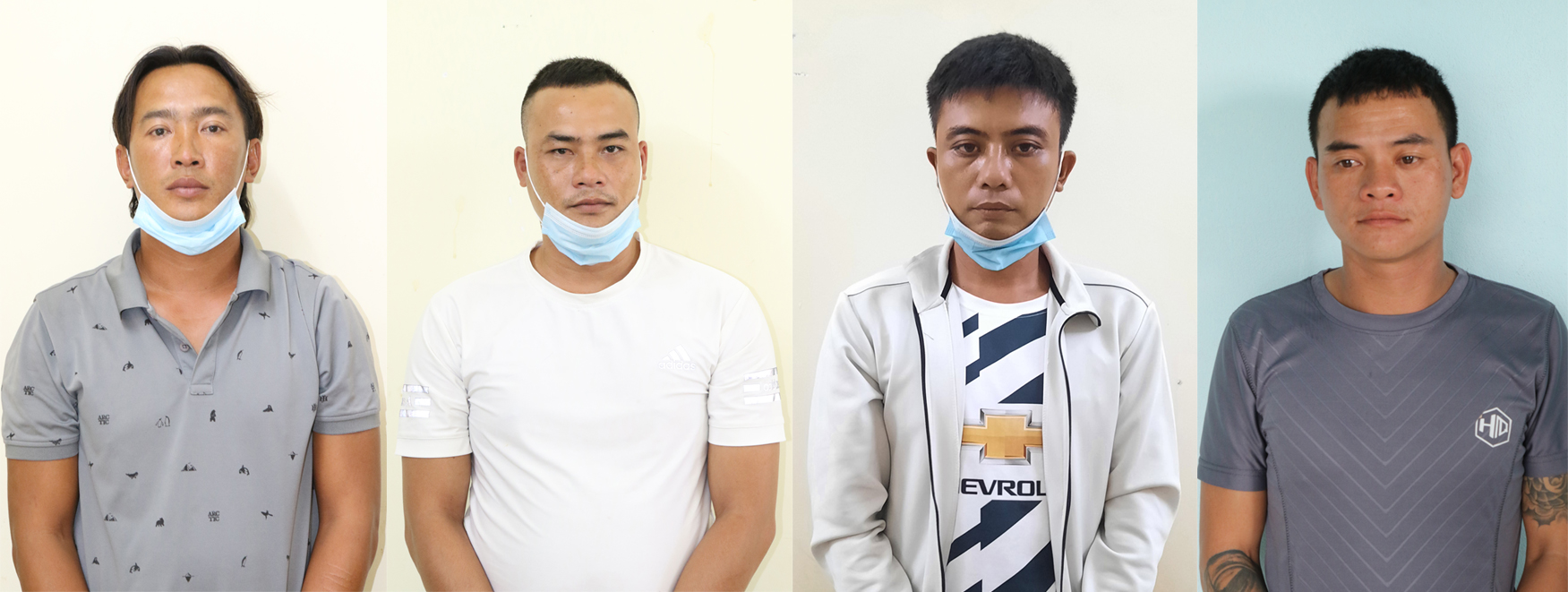 Phan Sinh Thành (ngoài cùng, bên trái) và các đối tượng bị bắt giữ để phục vụ công tác điều tra.