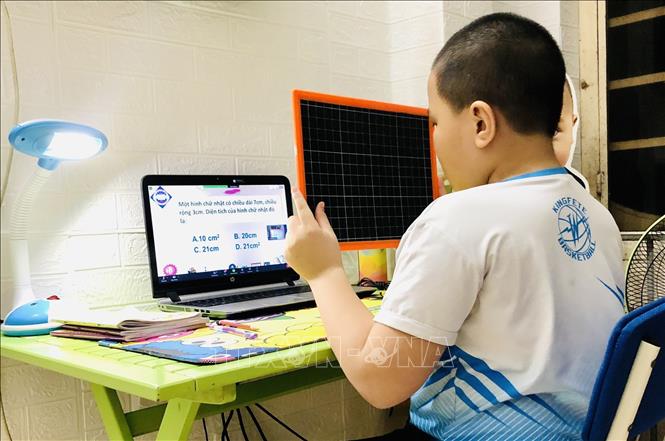 Học sinh trường Tiểu học Võ Thị Sáu (quận Hải Châu, thành phố Đà Nẵng) học trực tuyến. Ảnh: TTXVN phát