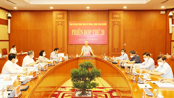 Tổng Bí thư Nguyễn Phú Trọng phát biểu kết luận Phiên họp thứ 20 của Ban Chỉ đạo Trung ương về phòng, chống tham nhũng, ngày 5-8-2021. Ảnh: Trí Dũng/TTXVN