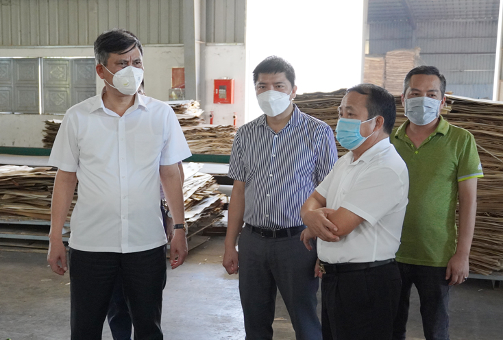 Đồng chí Chủ tịch UBND tỉnh Trần Thắng nắm bắt tình hình sản xuất của Nhà máy ván ép Thăng Long.