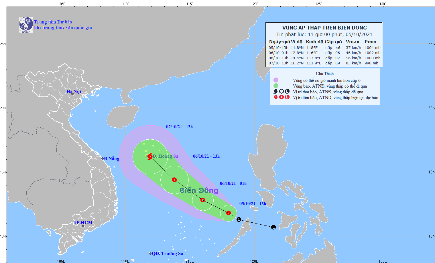 Vị trí và đường đi của áp thấp nhiệt đới trên biển Đông. Ảnh: KTTV.