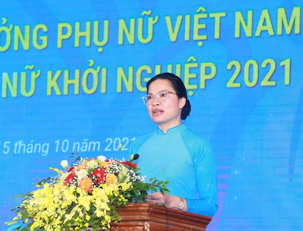 Bà Hà Thị Nga, Ủy viên Trung ương Đảng, Chủ tịch Hội Liên hiệp Phụ nữ Việt Nam phát biểu khai mạc. (Ảnh: Phương Hoa/TTXVN)