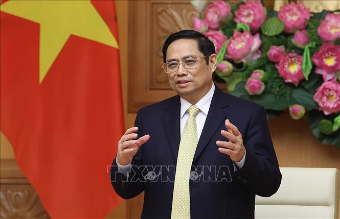 Thủ tướng Phạm Minh Chính phát biểu tại buổi tiếp Trưởng đại diện các Tổ chức Liên hợp quốc tại Việt Nam. Ảnh: Dương Giang/TTXVN