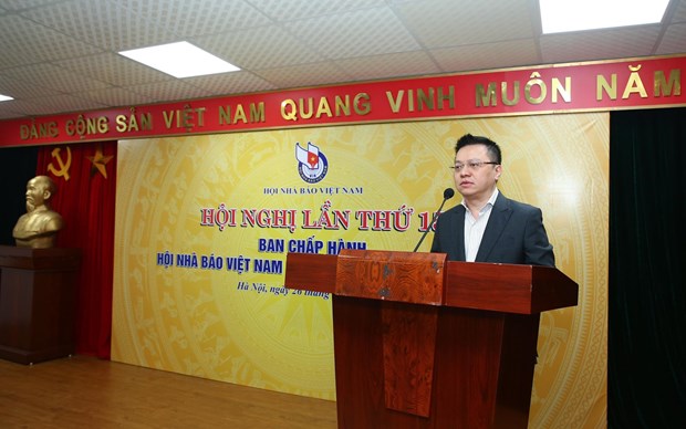 Tân Chủ tịch Hội Nhà báo Việt Nam Lê Quốc Minh phát biểu tại hội nghị. (Ảnh: Vietnam+)