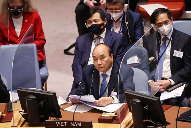 Chủ tịch nước Nguyễn Xuân Phúc tham dự và phát biểu tại một Phiên họp cấp cao của Hội đồng Bảo an Liên hợp quốc. (Ảnh: Thống Nhất/TTXVN)
