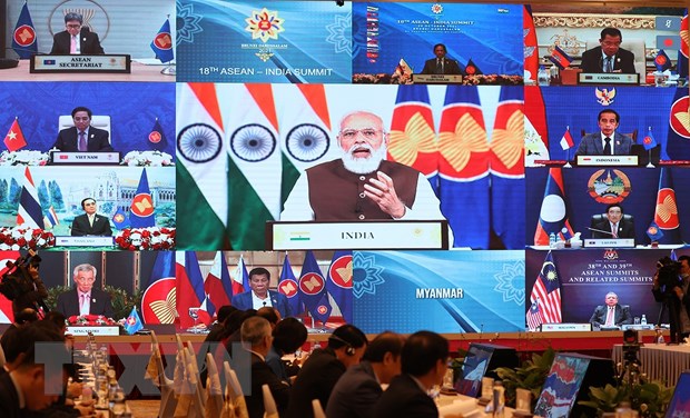 Lãnh đạo các nước ASEAN và Ấn Độ tham gia hội nghị theo hình thức trực tuyến. (Ảnh: Dương Giang/TTXVN)