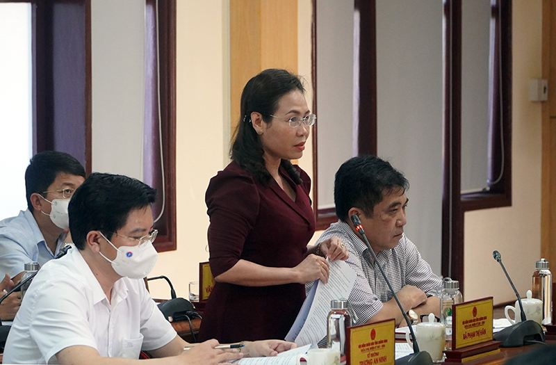 Đồng chí Chủ tịch Ủy ban MTTQVN tỉnh Phạm Thị Hân thảo luận về công tác tiếp xúc cử tri.