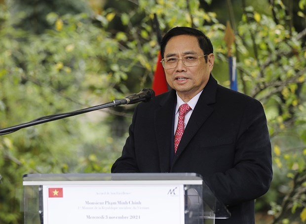 Thủ tướng Phạm Minh Chính phát biểu trong chuyến thăm Cộng hòa Pháp. (Ảnh: Dương Giang/TTXVN)