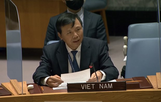 Đại sứ, Trưởng phái đoàn Việt Nam tại LHQ Đặng Đình Quý tại phiên họp. (Ảnh: Khắc Hiếu/TTXVN)