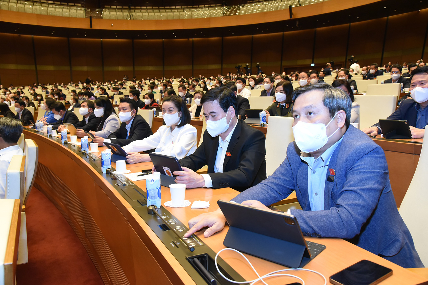Các ĐBQH tỉnh bấm nút biểu quyết thông qua các nghị quyết tại phiên họp