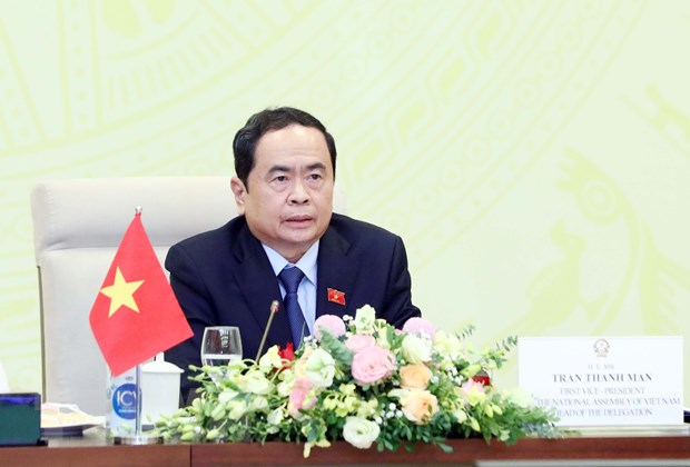 Phó Chủ tịch Thường trực Quốc hội Trần Thanh Mẫn phát biểu tại điểm cầu Hà Nội. (Ảnh: Phạm Kiên/TTXVN)