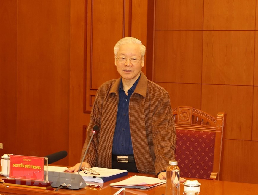 Tổng Bí thư Nguyễn Phú Trọng, Trưởng Ban chỉ đạo Trung ương về phòng, chống tham nhũng, tiêu cực phát biểu tại cuộc họp. Ảnh: TTXVN.