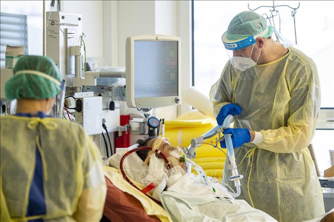 Nhân viên y tế điều trị cho bệnh nhân COVID-19 tại bệnh viện ở Munich, Đức. Ảnh: AFP/ TTXVN