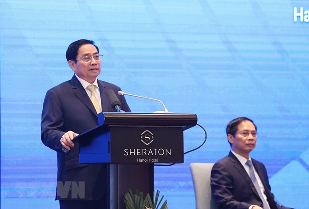  Thủ tướng Phạm Minh Chính phát biểu tại Diễn đàn cấp cao ASEAN về hợp tác tiểu vùng vì sự phát triển bền vững, sáng 30-11-2021. (Ảnh: Dương Giang/TTXVN)