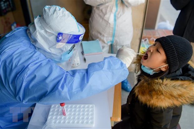  Nhân viên y tế lấy mẫu xét nghiệm COVID-19 cho người dân tại Khu tự trị Nội Mông, Trung Quốc, ngày 1-12. (Ảnh: THX/TTXVN)