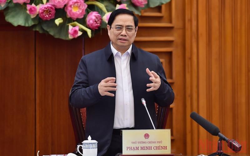 Thủ tướng Phạm Minh Chính, Trưởng Ban Chỉ đạo Quốc gia phòng, chống dịch Covid-19 phát biểu tại cuộc họp. (Ảnh: Trần Hải)