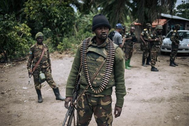 Binh sỹ Cộng hòa Dân chủ Congo tuần tra tại làng Manzalaho gần thị trấn Beni. (Ảnh: AFP/TTXVN)