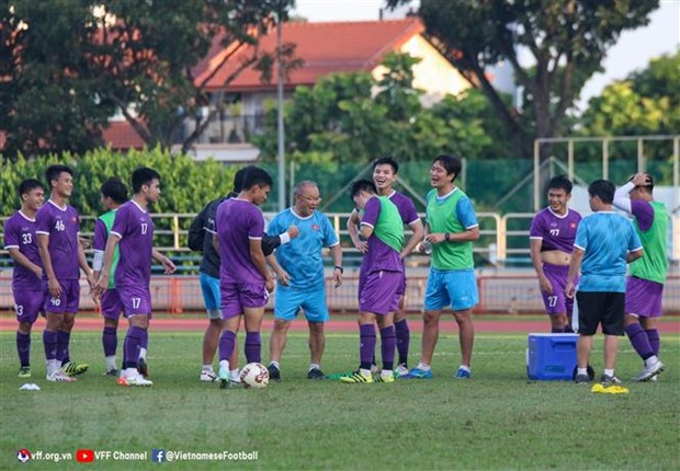 Đội tuyển Việt Nam chuẩn bị cho trận đấu kế tiếp gặp đội tuyển Indonesia. (Nguồn: TTXVN phát)