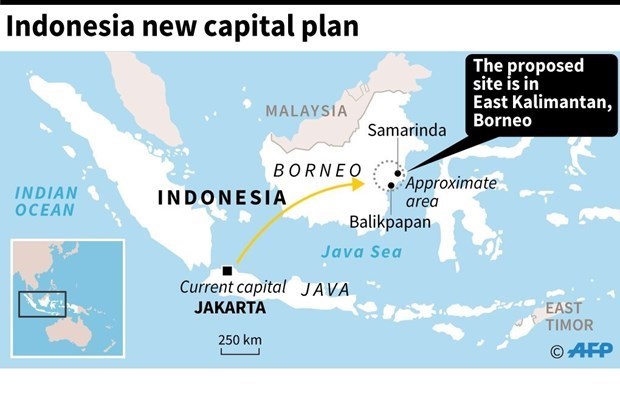 Indonesia dự kiến di dời thủ đô từ Jakarta sang tỉnh Đông Kalimantan. (Nguồn: AFP)