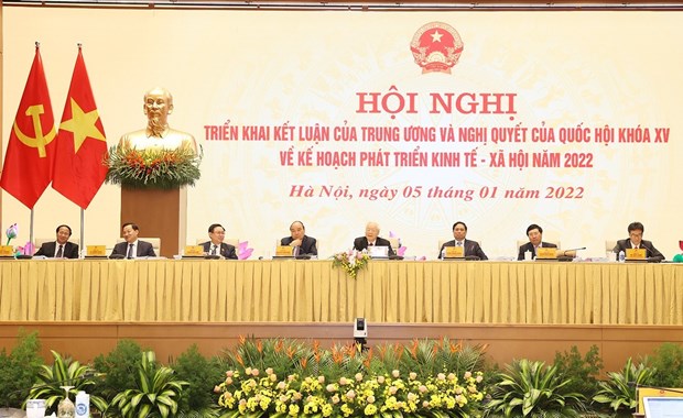 Tổng Bí thư Nguyễn Phú Trọng cùng các đồng chí lãnh đạo Đảng, Nhà nước chủ trì hội nghị. (Ảnh: Trí Dũng/TTXVN)