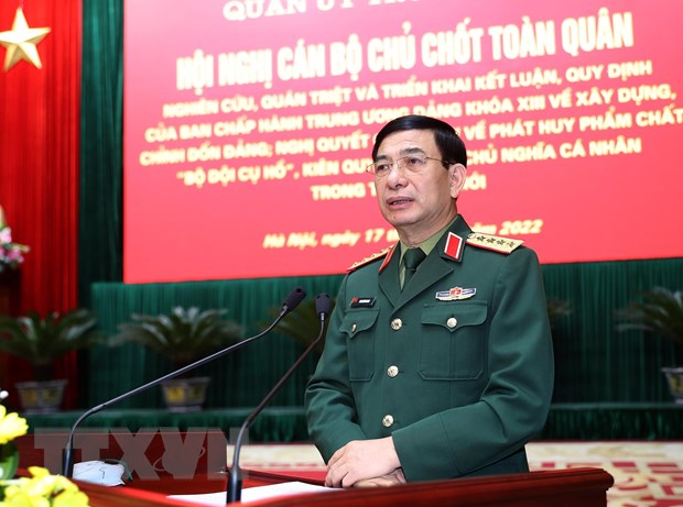 Đại tướng Phan Văn Giang, Bộ trưởng Bộ Quốc phòng phát biểu chỉ đạo hội nghị. (Ảnh: Trọng Đức/TTXVN)