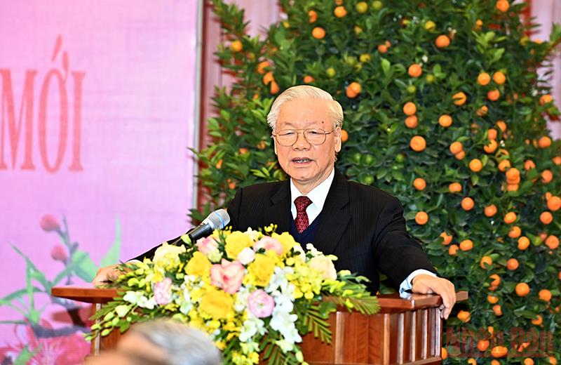   Tổng Bí thư Nguyễn Phú Trọng phát biểu chúc Tết các đồng chí lãnh đạo, nguyên lãnh đạo Đảng, Nhà nước. (Ảnh: Đăng Khoa)