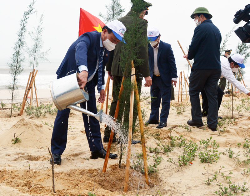 Đồng chí Trần Hải Châu, Phó Bí thư Thường trực Tỉnh ủy, Chủ tịch HĐND tỉnh trồng cây xanh đầu năm mới tại bãi biển xã Quang Phú, TP. Đồng Hới.