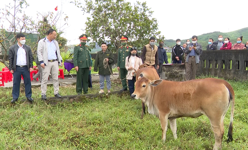 Đại diện Ban Chỉ huy Quân sự huyện Bố Trạch và Shop Mẹ Kay trao hỗ trợ bò giống cho gia đình Nguyễn Ngọc Thanh Long (thôn 2, xã Bắc Trạch).