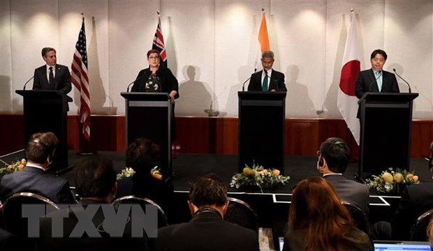 Ngoại trưởng Mỹ Antony Blinken, Ngoại trưởng Australia Marise Payne, Ngoại trưởng Ấn Độ Subrahmanyam Jaishankar và Ngoại trưởng Nhật Bản Yoshimasa Hayashi tại cuộc họp báo ở Melbourne, Australia ngày 11/2. (Ảnh: AFP/TTXVN)