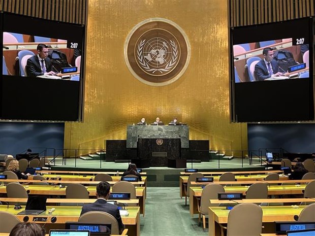 Đại sứ Đặng Hoàng Giang phát biểu tại phiên thảo luận của Đại Hội đồng Liên hợp quốc về việc bảo vệ hành tinh, ngày 3/3/2022. (Ảnh: Khắc Hiếu/TTXVN)