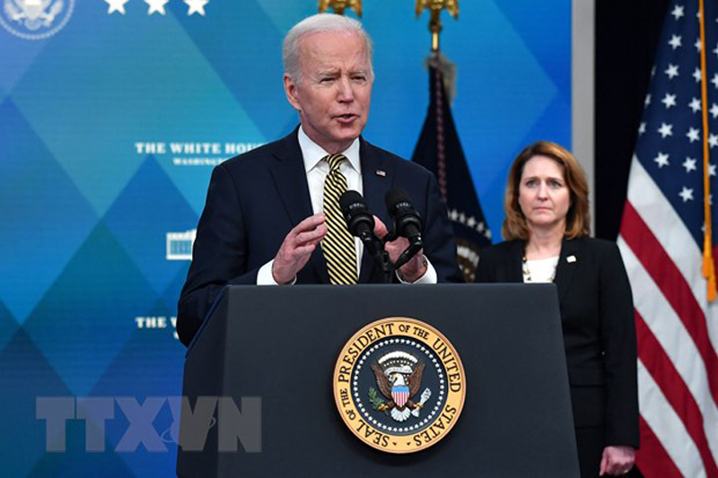 Tổng thống Mỹ Joe Biden phát biểu tại Washington. DC. ngày 16/3/2022. (Ảnh: AFP/TTXVN)