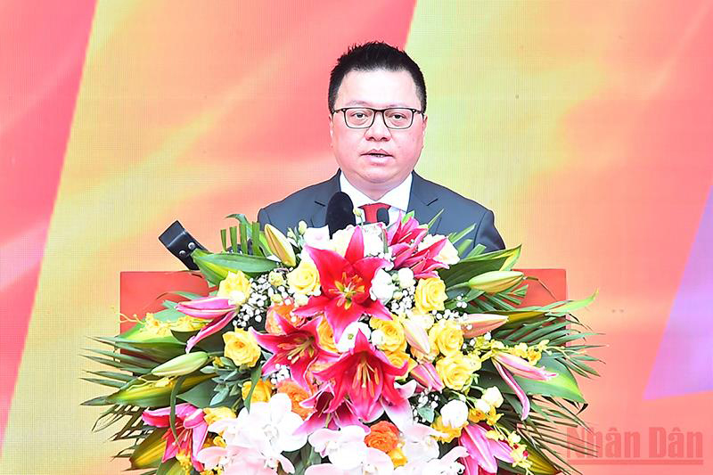 Chủ tịch Hội Nhà báo Việt Nam Lê Quốc Minh phát biểu tại Lễ khai mạc Hội Báo. (Ảnh: THỦY NGUYÊN)