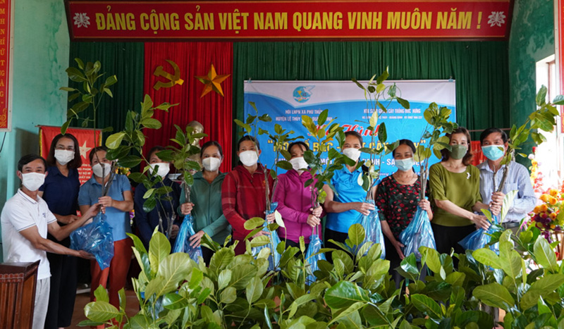 Hội LHPN xã Phú Thủy nhận cây giống để thực hiện mô hình.